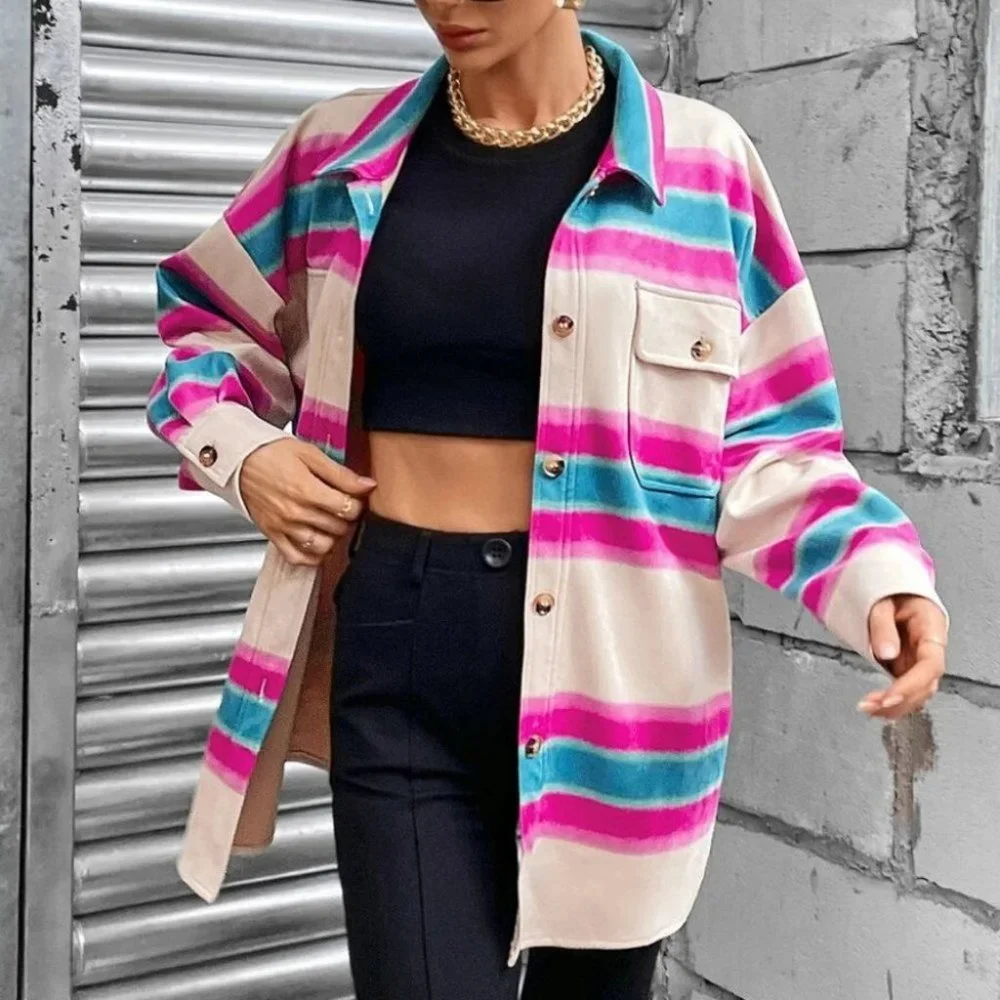 Striped Print Button down Shacket shirt jacket Coat - Picture 4 of 6